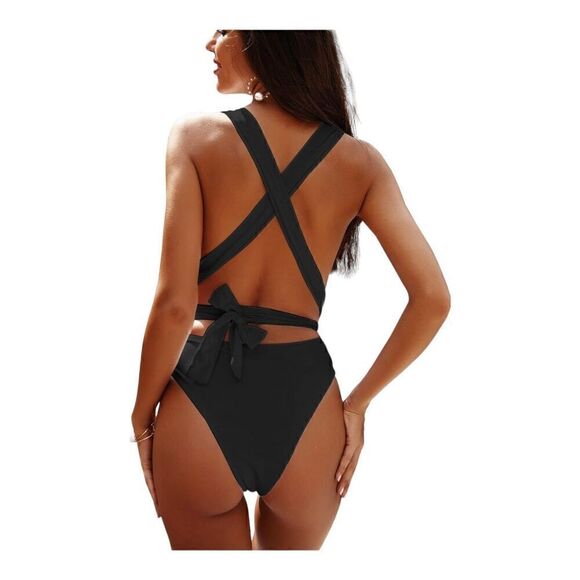 Lilosy Womens Black Halter Deep V-Neck Wrap Tie Waist One-Piece Swimsuit Size L - Picture 3 of 14
